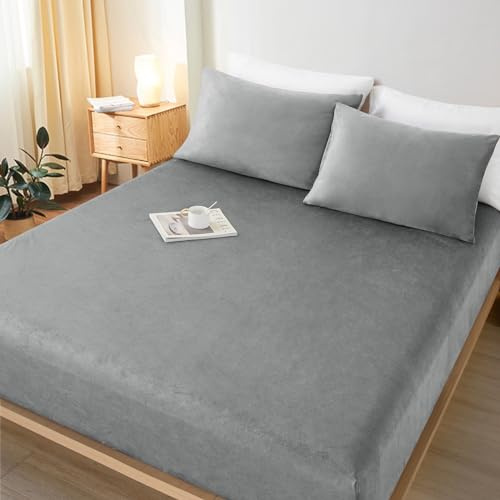 Lanqinglv Flanell Spannbettlaken Bettlaken 140x200 cm bis 25-35 cm Steghöhe Boxspringbett Topper Flauschige Warme Samt Boxspringbett Spannbetttuch Leintuch Cashmere Touch,Grau