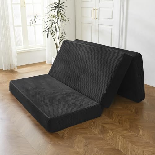 MAXYOYO Colchón plegable de terciopelo acanalado, colchón de suelo de tres pliegues de 15 cm de grosor con funda lavable, plegable en tres, ahorro de espacio para invitados (negro, individual)