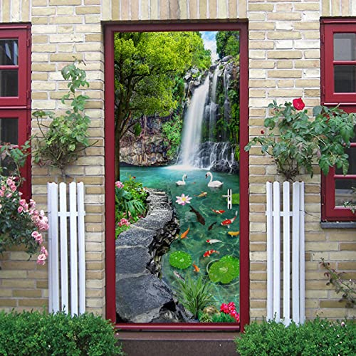 Türfolie Selbstklebend Wasserfall Lotus Green Türtapete PVC Türposter Tapete Abnehmbar Türaufkleber Abziehen und Aufkleben Klebefolie Möbel Wasserdichte Fototapete Türfolie 77x200cm