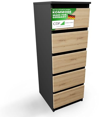CDF Kommode Anthrazit Artisan Hoch Schubladenschrank mit 5 Schubladen | Schmal Komode 40B x 45T x 111H Wohnzimmer Schlafzimmer Flur Schrank Sideboard Highboard viel Stauraum Sideboard Malm Kommode