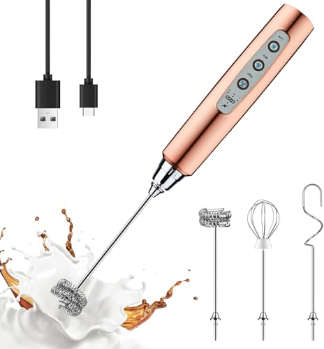 YUSWKO Montalatte portatile color oro rosa per caffè, frusta elettrica ricaricabile con 3 teste, 3 velocità, miscelatore per bevande e caffè, per latte, cappuccino, cioccolata calda, uova