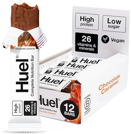 Huel Complete Nutrition Bar, 12 x 51g Bars, Chocolate Caramel, High Protein Bar, Plant-Based Protein Bars, Low Sugar, High Fibre, High-Protein Snack with Vegan Chocolate, Under 200 Calories