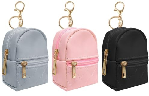 ONRAGT Mini Rucksack Schlüsselanhänger, 3 Stück Niedlich mini kosmetiktasche PU-Leder Kleines Täschchen Reißverschluss Mini Tasche Schwarz Hellgrau Rosa für Münzen, Lippenstift, Schlüssel (Farbe-A)
