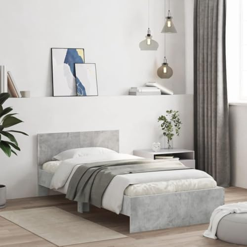 vidaXL Sängram med huvudgavel och LEDs betonggrå 100x200 cm, träsäng, säng i trä, sängram i trä, träsängar, sängar i trä, dubbelsäng, dubbelsängar