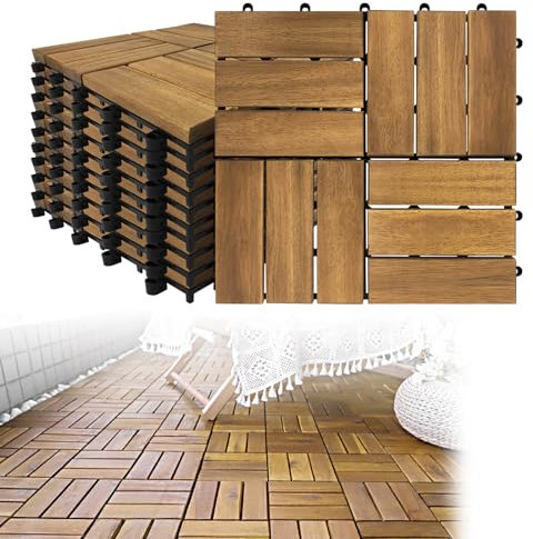 FIVMEN Terrassenfliesen Holz Balkonfliesen mit Klicksystem 30x30cm, 1m², 11 stück Balkon Bodenbelag Wetterfest Klickfliesen Terrasse Terrassenplatten für Garten Balkon Terrasse, Typ B