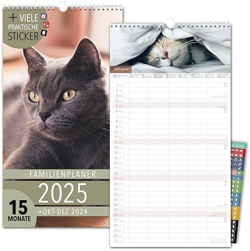 Familienkalender 2025 5 Spalten KATZEN Familienplaner 2025 und Okt-Dez 2024 Wandkalender 23 x 43cm Planer für Familie 2025 Wandplaner STICKER Recycling Urlaub, Pflanzkalender niedlich Kätzchen Cats