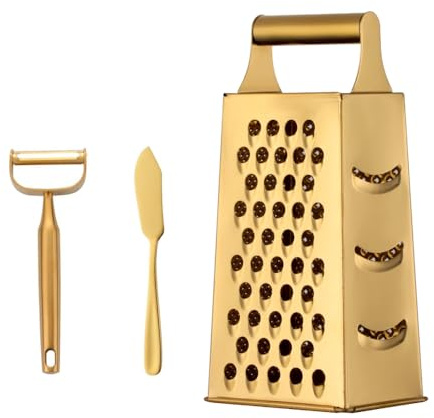 TEAHAHA 4 Sides Box Grater For Kitchen,Stainless Steel Cheese Grater With Handle,Multi-Function Vegetable Slicer Food Shredder For Chees,Ginger,Vegetables,Dishwasher Safe, Gold
