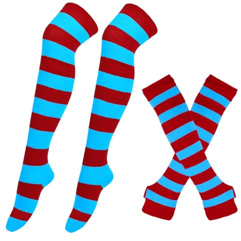 BRTNUP Gestreifte Armstulpen-Beinstulpen-Set, gestreifte Socken über dem Knie, gestreifte Armstulpen-Fingerlose Handschuhe für Mädchen und Frauen (Rot und Blau, One Size)