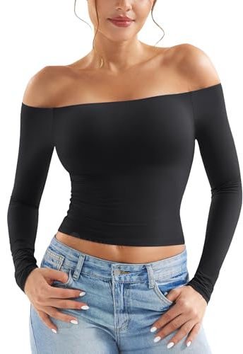 ZAAYO Top a Maniche Lunghe con Spalle Scoperte per Donna Y2K Crop Top Basic T-shirt a Maniche Lunghe T-shirt Sportiva con Spalle Scoperte per Palestra Top per Donna, Nero , S