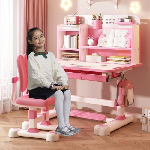 Set di scrivania e sedia per bambini, tavolo ergonomico regolabile in altezza con scrivania inclinabile, cassetto, design per prevenire la miopia, tavolo da scrittura per studenti con libreria,