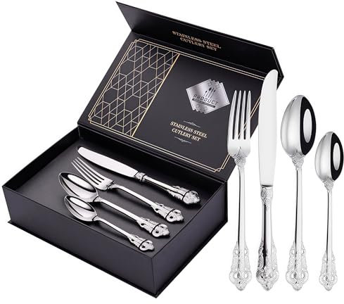 Juego de cubiertos martillados de 24 piezas, acero inoxidable, cuchillo, tenedor, cuchara, juego de cubiertos para 6 personas, modernos cubiertos de plata para casa/restaurante/fiesta