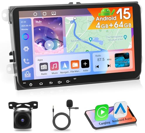 [4G+64G] Autorradio Motorsi para VW Seat Passat Golf 5 6 Polo Skoda con Carplay Android Auto,Radio de 9 Pulgadas con Android 15,GPS,WiFi,Bluetooth 5.0,EQ,FM,RDS y Cámara de Respaldo AHD con Micrófono