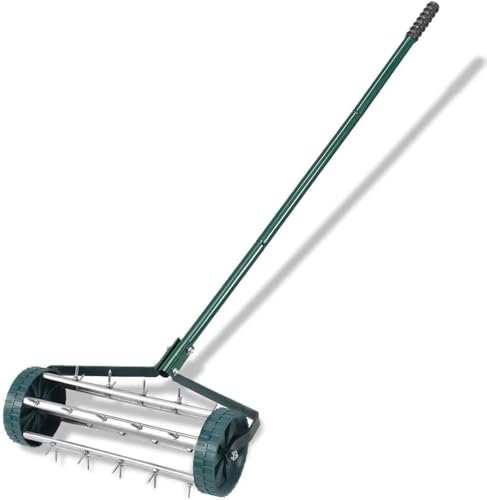 BCSRVCE GRAFFY 18 Roll-Rasenbelüfter, rotierender Zinken-Spike-Handbelüfter mit 3-teiligem langem Stahlgriff für verdichtete Böden und Rasenflächen, Grasbelüfter
