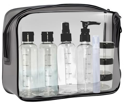Set Borsa da Toilette Trasparente e Bottigliette da Viaggio Aereo, Beauty Case da Viaggio Trasparente & 8 PCS Contenitori Liquidi Cosmetici 100ml flaconi da viaggio aereo per Shampoo,Crema,Lozione