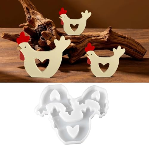 3er Hühner Silikonform, Gießform für Gips, Raysin, Beton und Gießharz | Für 3 Hühnerfiguren mit Herz-Ausschnitt – ideal als Osterdeko, Frühlingsdeko, Tischdeko oder selbstgemachtes Geschenk
