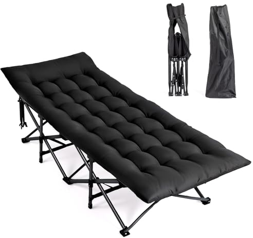 Bonnlo Folding Camping Cot with Thick Pad – Portable Camp Bed for Adults, Single Sleeping Cot with Removable Mattress, 190×71×36cm, Heavy Duty & Lightweight for Travel, Office Nap, Home, Beach (Black)