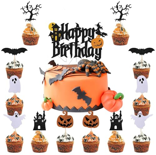 13 Stück Happy Halloween Cake Topper, Halloween Kuchen Topper Cake Topper, Kuchen Dekorationen Mit Fledermäuse, Kürbisse, Schloss, Ghost, Fledermäuse Kürbisse Ghost Kürbis Deko, Party Cupcake Deko