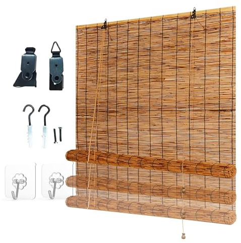 Bamboo Blind Blackout Blinds Roller Retro Reed Curtains Shade Bamboo Shades Outdoor Indoor 40 45 60 65 90 100 105 with Lifter Sunshade Privacy Wide Kitchen Roman Roller for Window Door Patio Balcony