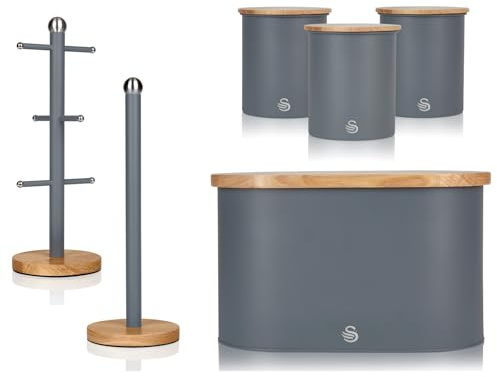 Swan Nordic Slate Grey Bread Bin, Canisters, Mug Tree & Towel Pole. Matching Scandinavian Inspired Minimalist Design Kitchen Storage Set of 6 in Grey