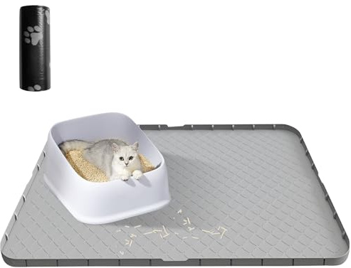 Katzenklo Unterlage, 86.5×56cm, Silikon Katzenklo Matte, Zunahme Unterlage Katzenklo mit Müllsack, Wasserfest Katzenstreu Matte, Kratzfest und Verschleißfest, Rutschfest & Leicht zu Reinigen (Grau)