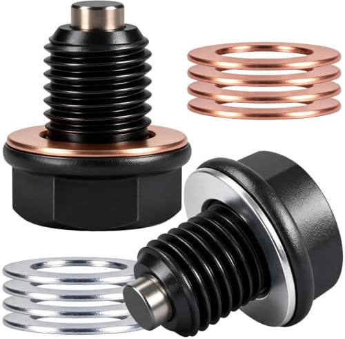 StratoNex Magnetische Ölablassschraube M14x1,5 Audi VW Seat, 2er Set | M14x1,5, 10 Dichtringe (5x Kupfer, 5x Alu), Neodym-Magnet, Metallpartikel-Filterung, Schwarz, für Audi VW Seat Skoda