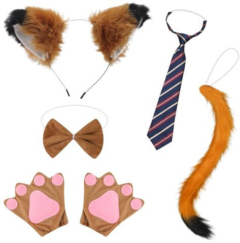 6 Stück Fuchs Kostüm Zubehör Set, Karneval Fuchskostüm Plüsch Fuchs Ohren Haarreif Schwanz Braune Fliege Pfotenhandschuhe Gestreifte Krawatte Erwachsene Fuchs-Verkleidung Karneval Halloween Cosplay