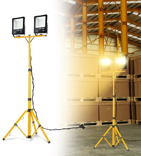 Suusolny 2 faretti LED da 100 W con treppiede telescopico, 8000 lm, lampada da lavoro con spina, IP66, impermeabile, con cavo 3 m, pieghevole, per officina, cantiere, studio fotografico, bianco caldo