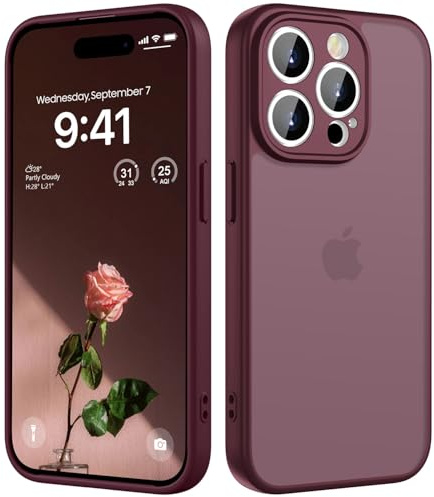 HGH für iPhone 15 Pro Hülle, Dunkel Rot | Vollständiger Kameraschutz Stoßfest Kratzfest Anti-Fingerabdruck Transluzente Rückseite Matt Handyhülle für iPhone 15 Pro