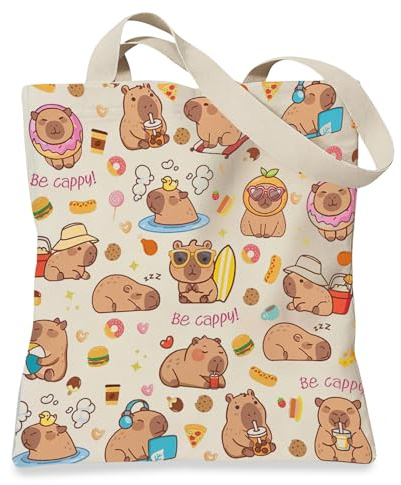 Handtasche Damen mit Capybara Muster, Handtasche Damen Umhängetasche, 39×34CM Faltbare Einkaufstasche, Stofftasche mit Reißverschluss, Praktisch Canvas Tasche, Capybara Geschenk für Enthusiasten
