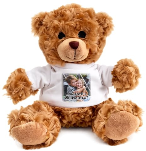 Kuscheltier Teddybär personalisiert – Flauschiges Plüschtier mit weißem T-Shirt zum Bedrucken – Weicher Teddybär für Babys & Kinder – Geschenk zur Geburt & Geburtstag