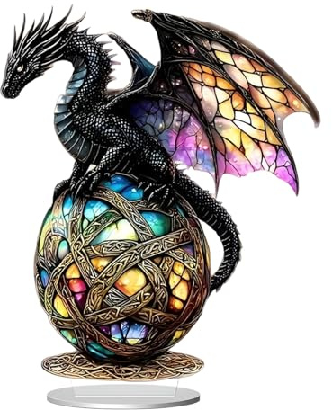 Bunte Acryl Drachen Figuren Deko, Einzigartig Skulptur Deko mit Ovalem Sockel, Exquisite Bücherregal Dekorationen, Dekorationen Wohnzimmer Modern, Stilvolle Drachen Decoration für Zuhause & Büro