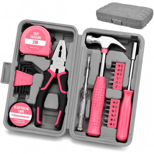 24PCS Lady Hi-Spec Pink Small Household Hand Tool Set, Portable Basic Tool Set for Home DIY, Repairs and Crafts, Including Mini Claw Hammer, Pliers, Screwdriver Set, Hex Keys and Tape Measure