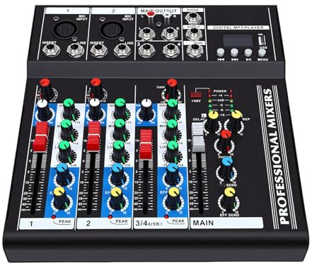 Jeffergarden Mini Sound Mixer 4 Channel Audio Mixer med Bluetooth Inbyggd Reverb Effects DSP Processor Kompakt DJ Controller för PC Studio Karaoke