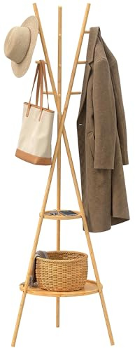 HOMCOM Perchero de Pie de Bambú con 2 Estantes 58,5x58,5x176 cm Natural