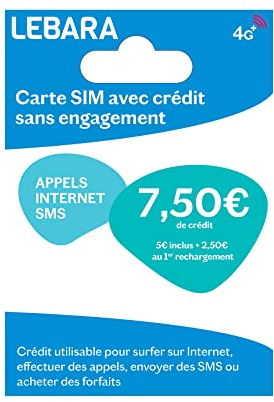 Carte Sim prépayée Lebara incluant 7,50E de crédit (5E + 2,50E offerts) – Appels, SMS et internet en France et à l’international à prix réduits.
