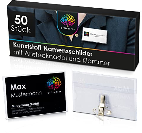 OfficeTree 50 x Badges Porte Nom Pour Vêtements Clip et Épingle Intégrés - 50 x Cartes à Imprimer Incluses - Badge Personnalisé Pour Cartes de Visite - Porte Badge Plastique Transparent