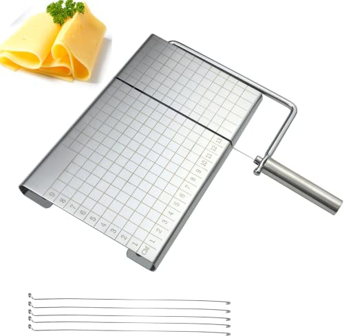 Cheese Slicer Stainless Steel Wire Butter Cutter Kitchen Cheese Butter Food Slicer, Stainless Steel Cheese Slicer with Durable Cutting Board,Includes 5 Replacement Wires and1 Multi-Function Grater