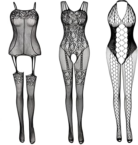Damen Fischnetz Dessous Spitze Strümpfe Bodys Nachtwäsche für romantische Verabredungen tragen, 3 Stück: Schwarz 1, X-Groß