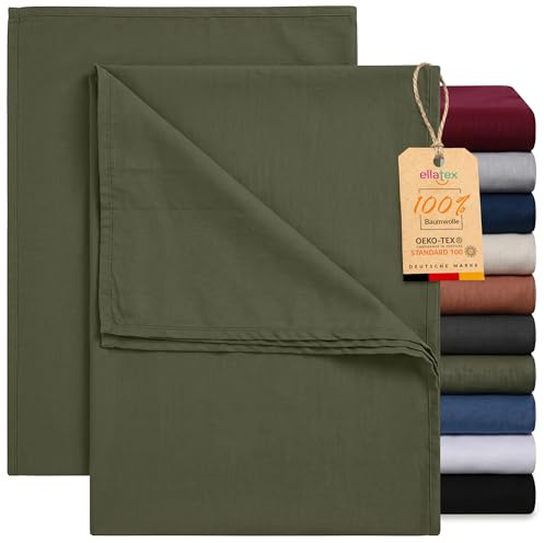 EllaTex 2er Pack Renforcé Bettlaken 140x200 – 2 Baumwolle Leintücher ohne Gummizug, weich & atmungsaktiv, Farbe: Khaki