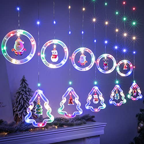 BLOOMWIN Weihnachtsbeleuchtung Lichterkette Fenster Innen, Ring- und Weihnachtsbaum Lichtervorhang mit Weihnachtsschmuck, Lichterkettenvorhang fensterbeleuchtung 3m 8 Modi USB Bunt
