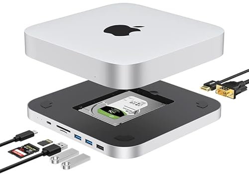 USB-C Hub with Hard Drive Enclosure for Mac Mini M1/M2/Studio Type-C Docking Station Aluminium Stand & Hub New MacMini with SATA SSD/HDD Slot, USB 3.0 & 2.0 Ports, SD/TF Card Readers/HDMI Port