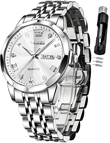 OLEVS Watch for Men Diamond Business Dress Analog Quartz Stainless Steel Waterproof Luminous Date Two Tone Luxury Casual Wrist Watch Silver Mens