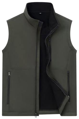 AKuVoL Men's Sleeveless Outdoor Work Jacket Outerwear Softshell Lightweight Vest with Pockets for Walking Travel Work Army Green XL