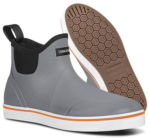 TerraTrax Men's Waterproof Deck Boots, Anti-Slip Rubber Rain Boot for Fishing, Farming & Gardening - Slip On Neoprene Chelsea Shoes with Memory Foam, Grey & Size 10