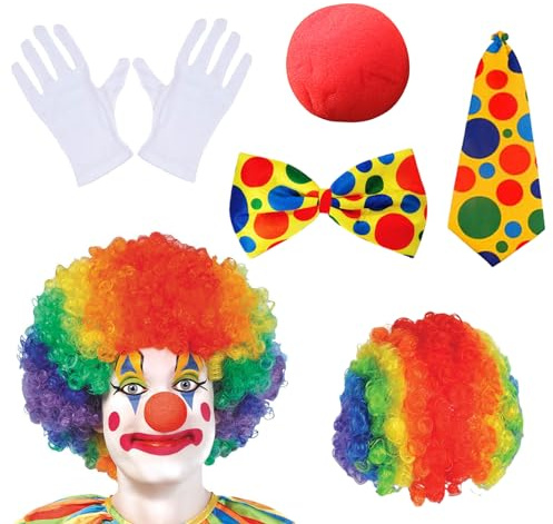 Lithyc 5-Teiliges Clown KostüM Set Mit Bunter Clown-PerüCke,Nase, Fliege, Krawatte und Handschuhen,Zirkus ZubehöR,für Damen Herren KarnevalskostüMe