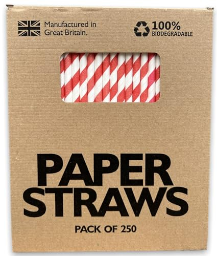 Biologiskt nedbrytbara papperssugrör – 250-pack engångssugrör för festtillbehör, födelsedag, bröllop och jul – återvinningsbara sugrör för juice, kaffe och kalla drycker (röd och vit)