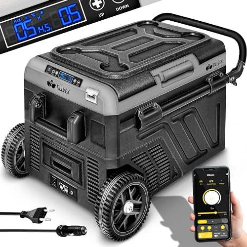 tillvex® Kompressor Kühlbox elektrisch 40-60 Liter | Elektrische Gefrierbox WIFI-APP-Steuerung 12/24 V 230V | Kühlschrank bis -20 °C für Auto, Lkw, Camping (Schwarz, 50 Liter - mit Akku)