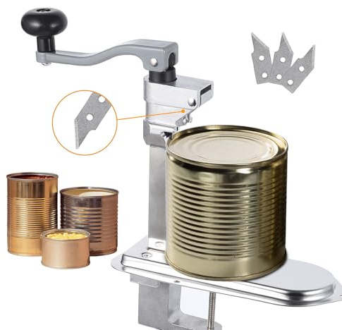 Apriscatole da tavolo pesante, apriscatole da banco per uso commerciale, 3 lame di ricambio, con lama in acciaio inossidabile e base in acciaio placcato, apriscatole per lattine fino a 30,5 cm, in