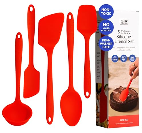 GIR: Get It Right 5-Piece Silicone Essentials Kitchen Utensils Set - Ladle, Spatula, Flip, Spoon & Spoonula - Non-Toxic Cooking Utensils for Nonstick Cookware, Cooking and Baking - Fire Red