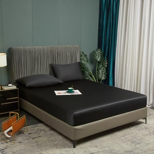 Spannbettlaken Bambus Bettlaken Boxspringbett 100x200 cm Schwarz 100% Bambus Bettlaken Kühlende Spannbetttuch Weich Atmungsaktiv Bettlaken Leintuch 100 x 200 für bis 25cm Matraze